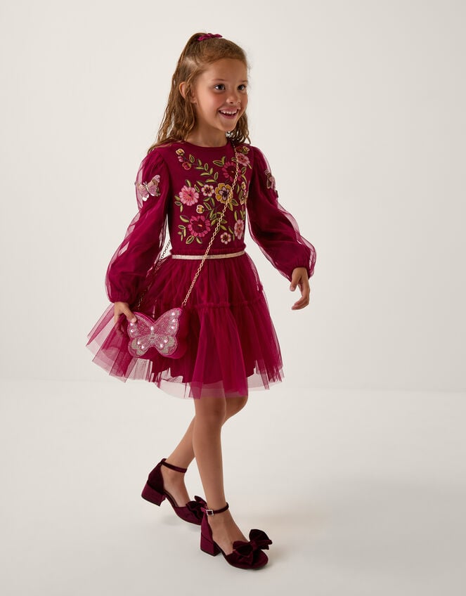 Floral Embroidered Butterfly Disco Dress, Red (BURGUNDY), large