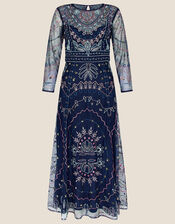 Jeannine Embellished Midi Dress in Recycled Polyester, Blue (NAVY), large