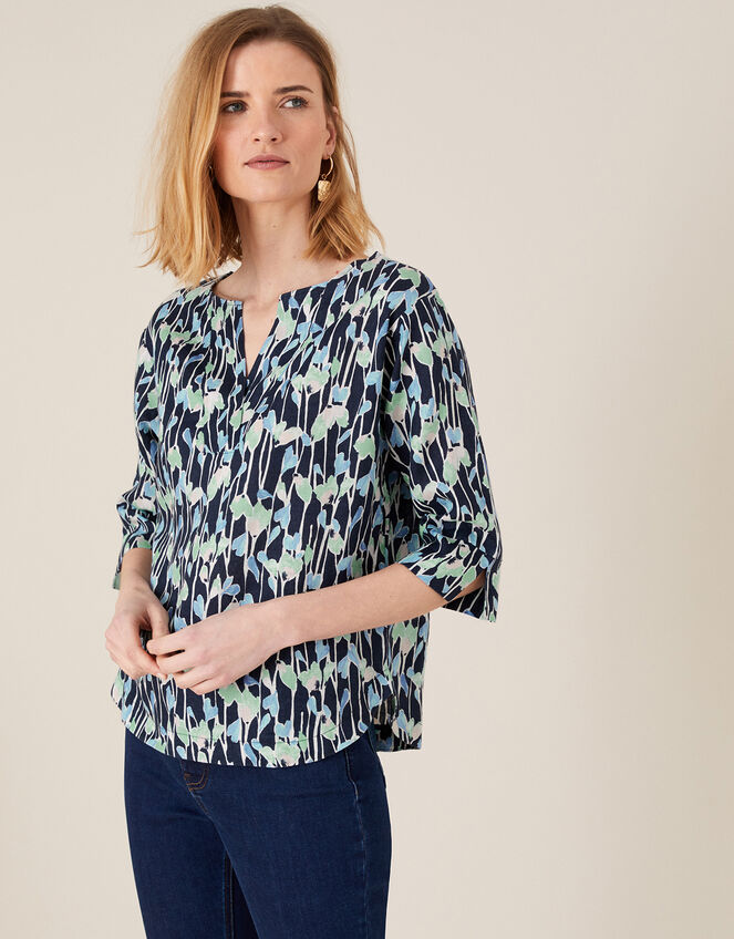 Lulu Printed Shirt in Pure Linen, Blue (NAVY), large