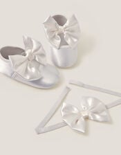 Baby Satin Bow Headband & Booties Set, Ivory (IVORY), large