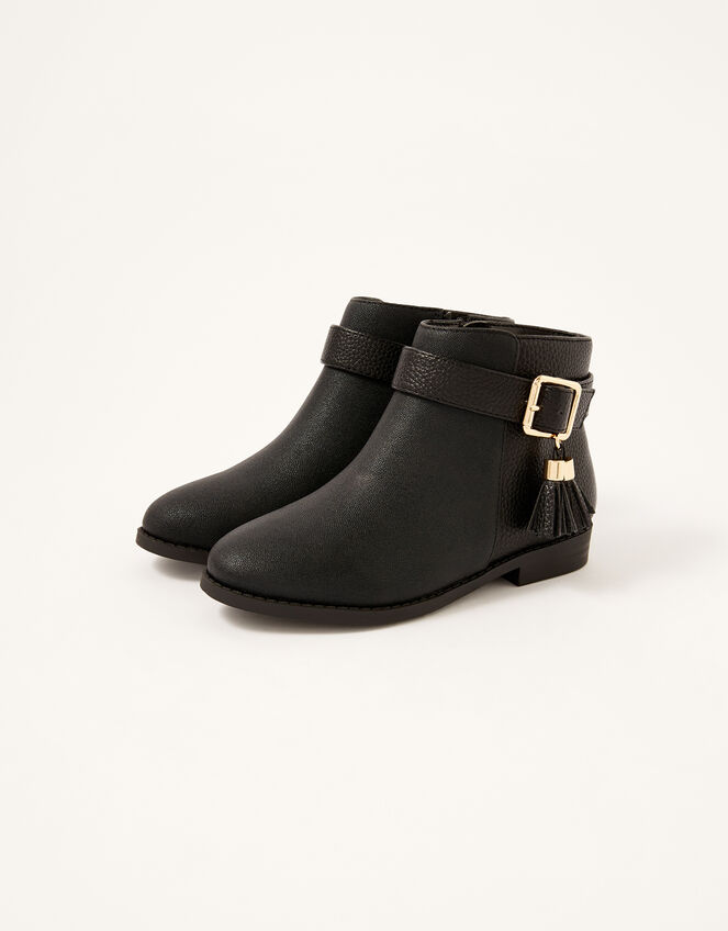 Buckle Strap Tassel Boots, Black (BLACK), large