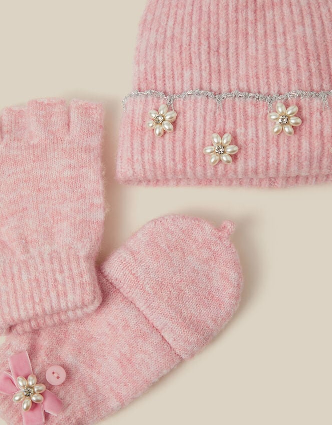 Scallop Beanie Hat & Fingerless Gloves Set, Pink (PINK), large