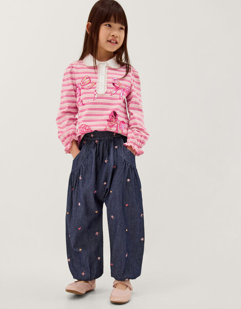 Embroidered Chambray Cuffed Trousers, Blue (BLUE), large