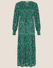 Shirred Animal Print Dress, Green (GREEN), large