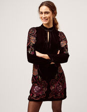 Faye Floral Velvet Mini Tunic Dress, Black (BLACK), large