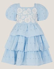 Baby Floral Broderie Puff Sleeve Tiered Dress, Blue (BLUE), large
