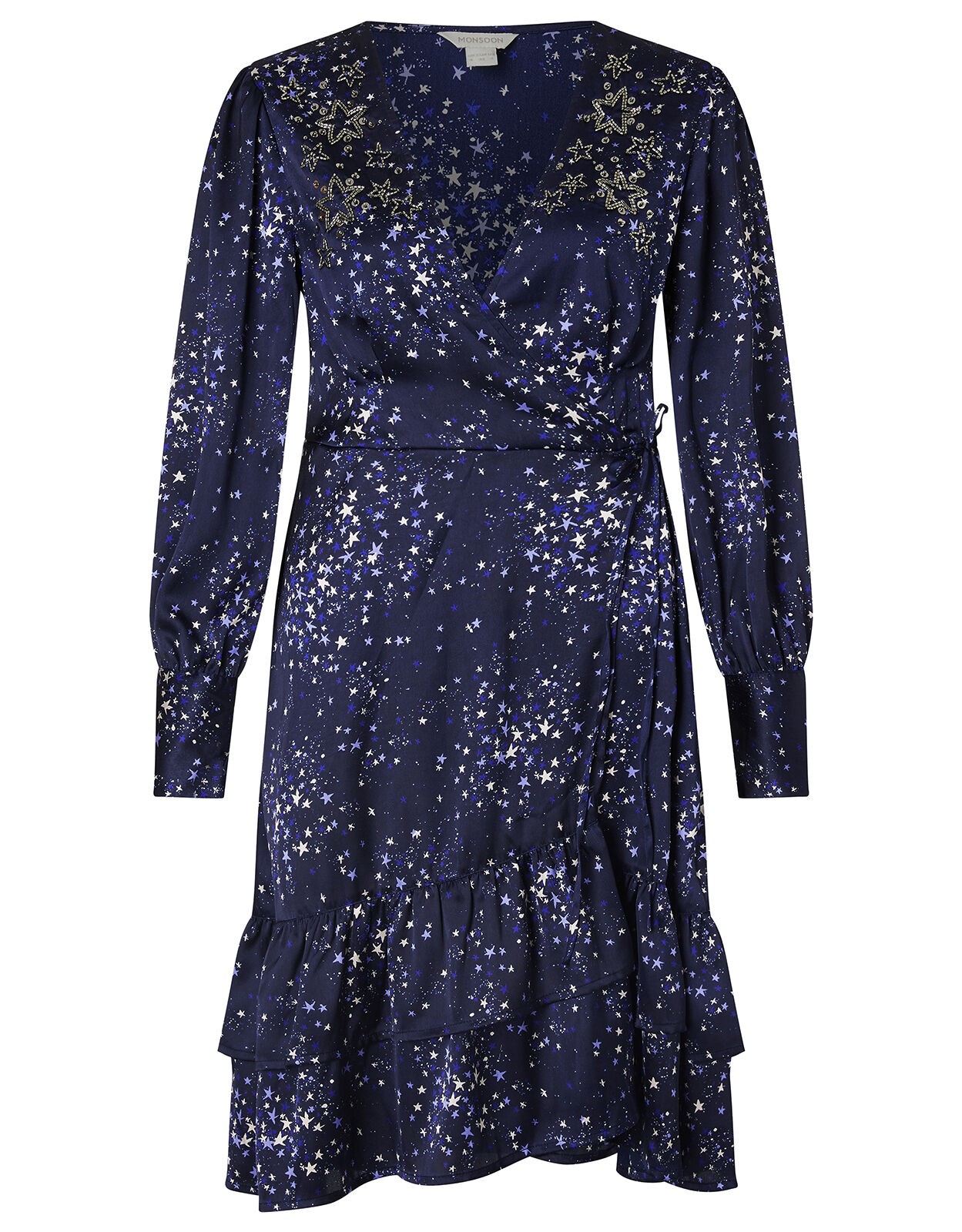 Ditsy Star Print Embellished Wrap Dress Blue Evening Dresses Monsoon Global