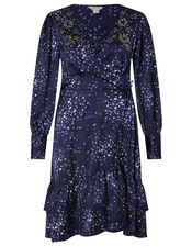 Ditsy Star Print Embellished Wrap Dress, Blue (NAVY), large