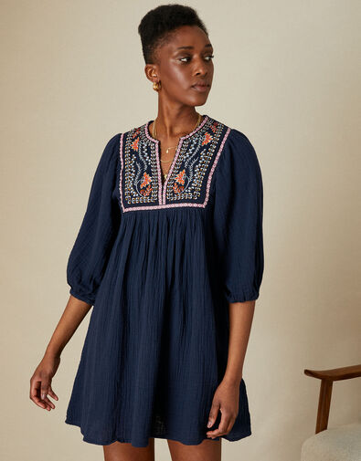 Double Faced Embellished Smock Dress in Sustainable Cotton Blue, Blue (NAVY), large