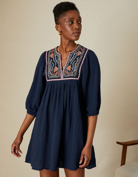 Double Faced Embellished Smock Dress in Sustainable Cotton Blue, Blue (NAVY), large