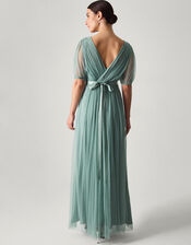 Ellie Sheer Sleeve Plunge Tulle Maxi Dress, Green (SAGE), large