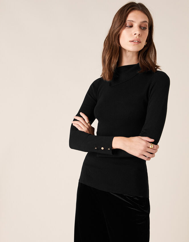 Split Neck Knit Jumper with Buttons, Black (BLACK), large