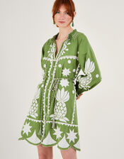 Embroidered Pineapple Applique Dress in Linen Blend, Green (GREEN), large