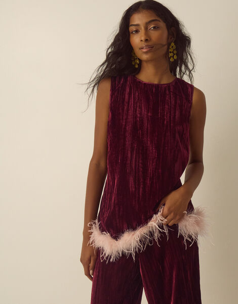 Emma Sleeveless Faux Feather Velvet Top, Red (BURGUNDY), large