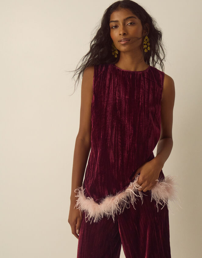 Emma Sleeveless Faux Feather Velvet Top, Red (BURGUNDY), large