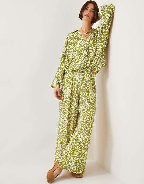 Trinny Hand-Screen Print Wide Leg Trousers, Green (GREEN), large