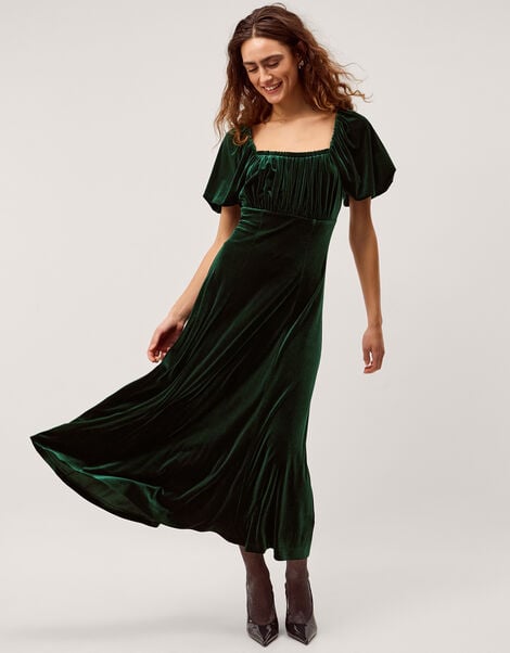 Cynthia Puff Sleeve Velvet Midi Dress, Green (DARK GREEN), large