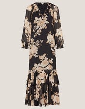 Rowena Floral Print Ruffle Maxi Dress, Black (BLACK), large