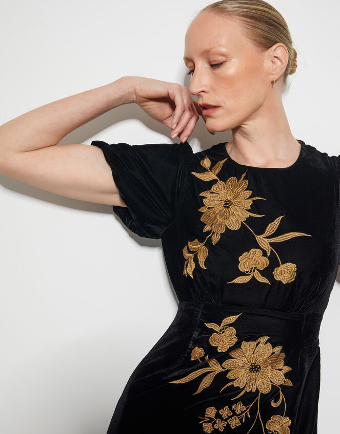 Kendra Embroidered Floral Velvet Midi Dress, Black (BLACK), large