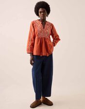East Enda Embroidered Cotton Blouse, Orange (RUST), large