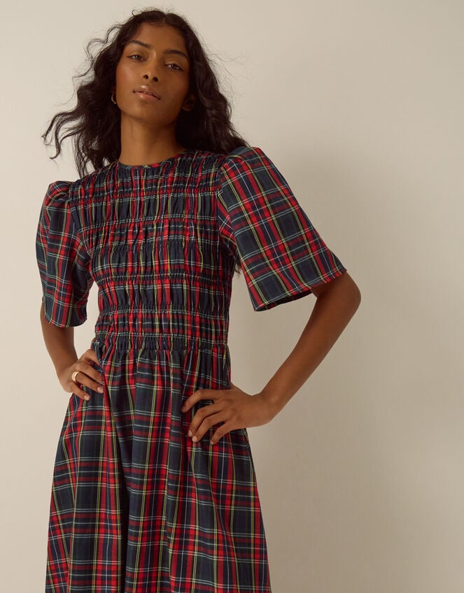 Dottie Short Sleeve Smocked Tartan Midi Dress, Red (RED), large