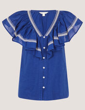 Fenn Embroidered Ruffle Jersey Top, Blue (COBALT), large
