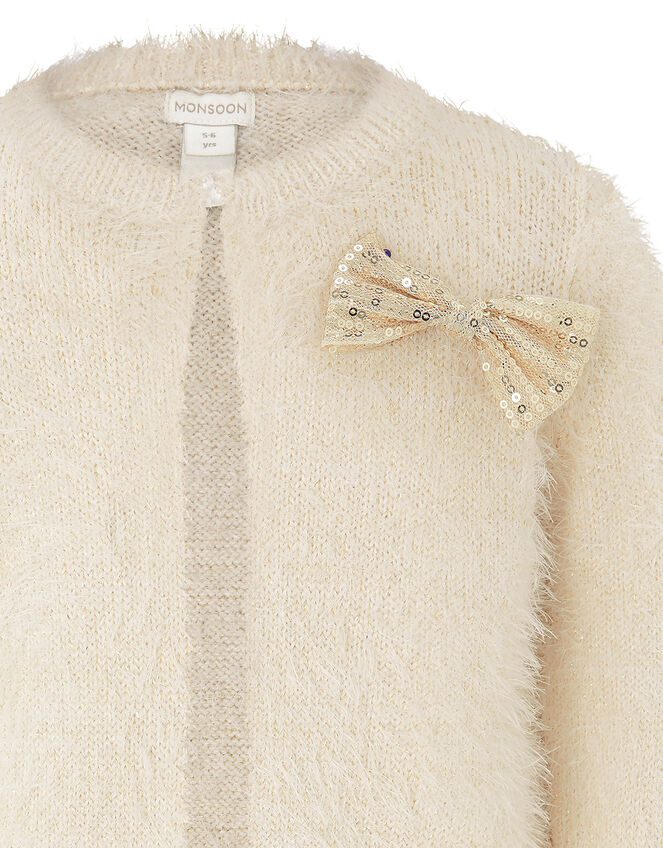Sequin Bow Fluffy Knit Cardigan, Ivory (IVORY), large
