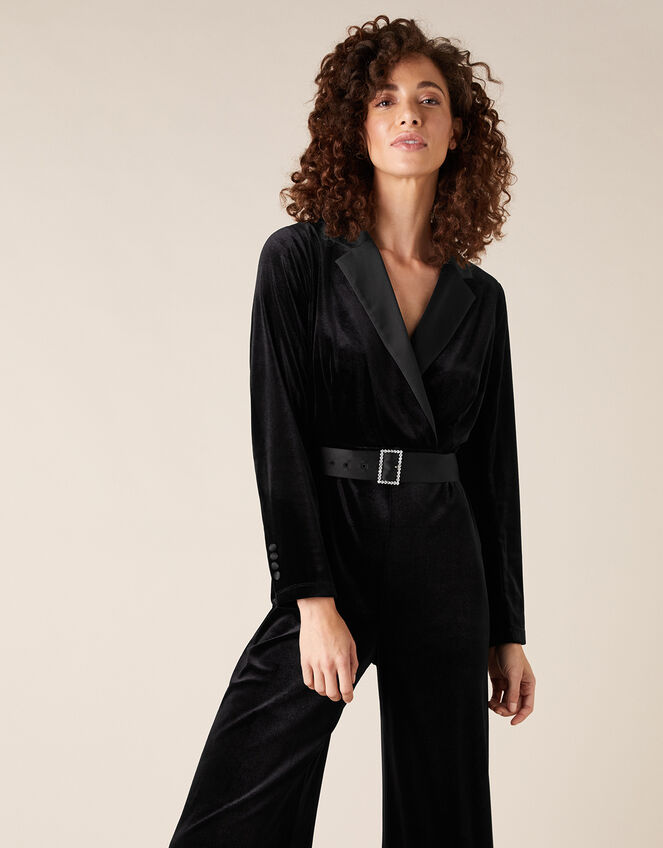 Sheena Stretch Velvet Wide-Leg Jumpsuit, Black (BLACK), large