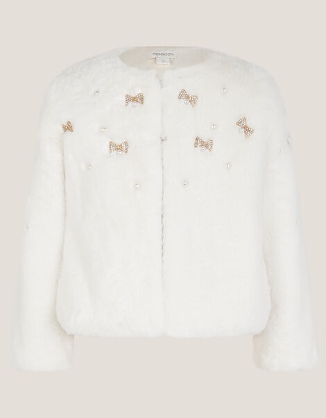 Embellished Faux Fur Coat, Ivory (IVORY), large