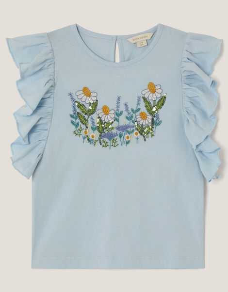 Floral Embroidered Frill T-Shirt, Blue (BLUE), large