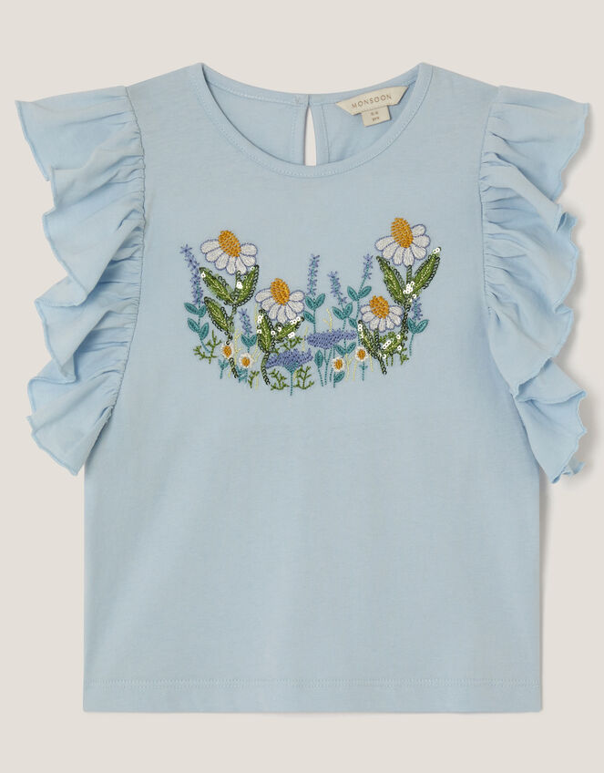 Floral Embroidered Frill T-Shirt, Blue (BLUE), large