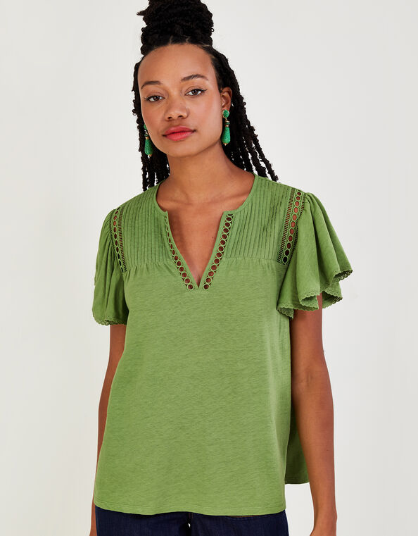 V-Neck Woven Top in Linen Blend, Green (GREEN), large
