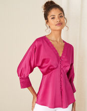 Chelsea Lace Trim Satin Top, Pink (PINK), large
