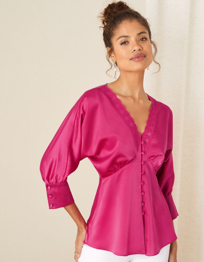 Chelsea Lace Trim Satin Top, Pink (PINK), large