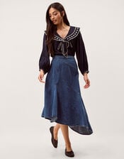 Annie Asymmetric Denim Midi Skirt, Blue (MID AUTHENTIC BLUE), large