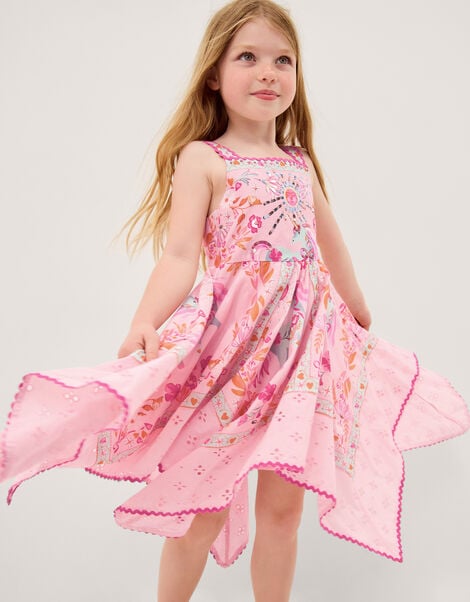 Unicorn Print Hanky Hem Dress, Pink (PINK), large