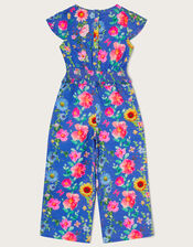Ruffled Floral Print Jumpsuit in Recycled Polyester, Blue (BLUE), large