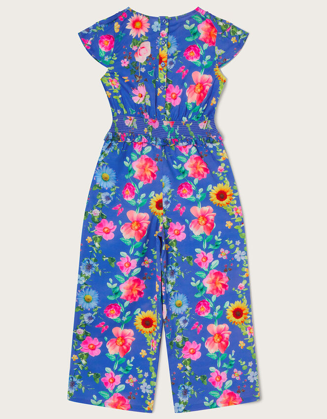 Ruffled Floral Print Jumpsuit in Recycled Polyester, Blue (BLUE), large