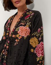 Maggie Tie-Front Embroidered Kimono, Black (BLACK), large
