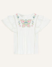 Boutique Butterfly Embroidered Flutter Sleeve Top, White (WHITE), large