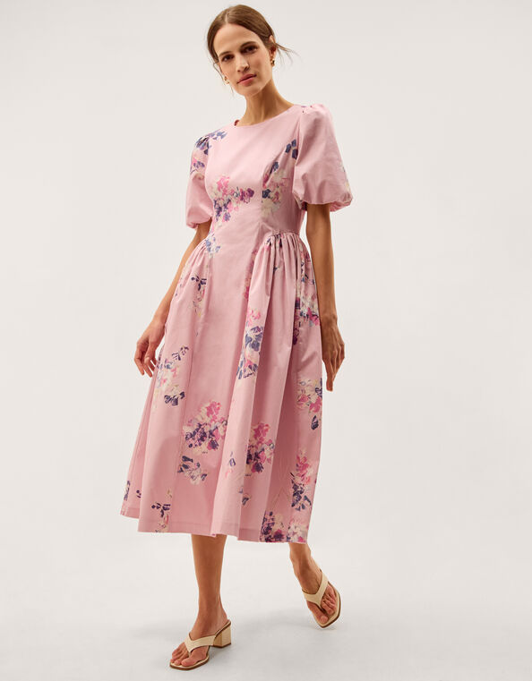 Amber Puff Sleeve Floral Midi Dress, Pink (PINK), large