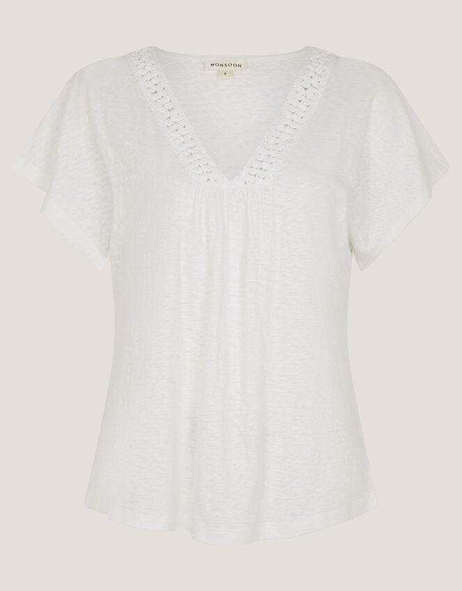 Amaya Crochet V-Neck T-Shirt, White (WHITE), large