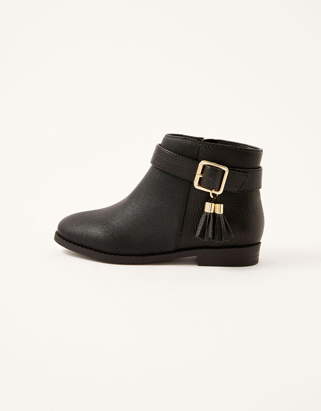 Buckle Strap Tassel Boots, Black (BLACK), large