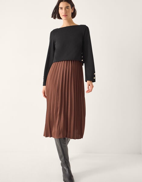 Flora Jersey Pleated Midi Dress, Brown (CHOCOLATE), large