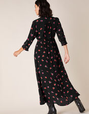 Rose Print Midi Dress in Sustainable Viscose, Black (BLACK), large