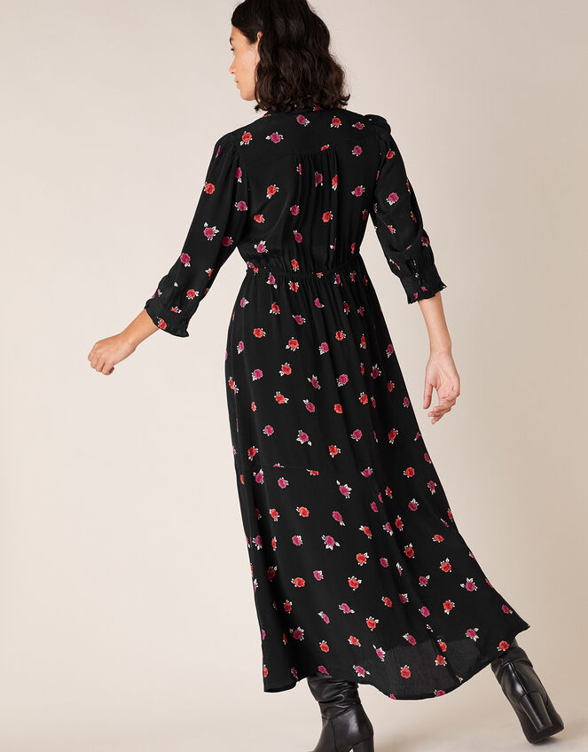 Rose Print Midi Dress in Sustainable Viscose, Black (BLACK), large