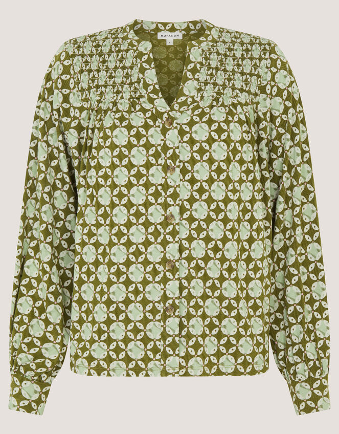 Kalani Geometric Jersey Blouse, Green (KHAKI), large