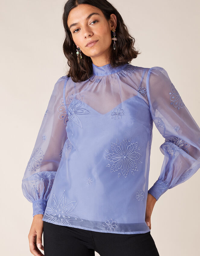 Aubree Floral Embroidery Organza Blouse, Blue (BLUE), large