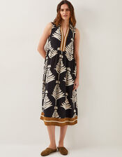Pamela Linen Blend Leaf Print Midi Dress, Black (BLACK), large