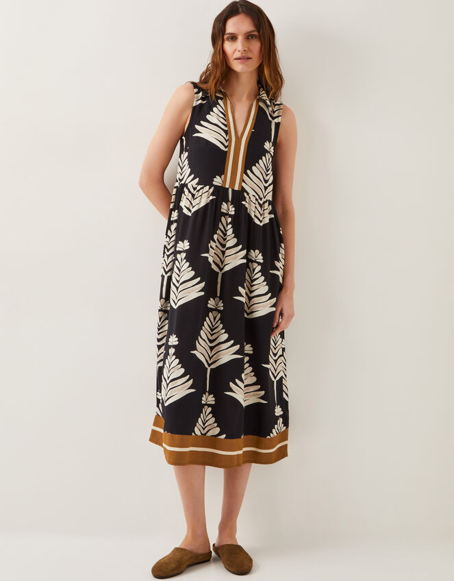 Pamela Linen Blend Leaf Print Midi Dress, Black (BLACK), large